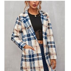 Gyk Khaki Plaid Preppy Coat Tan/Blue w/Lapels Button Down Pockets Size M